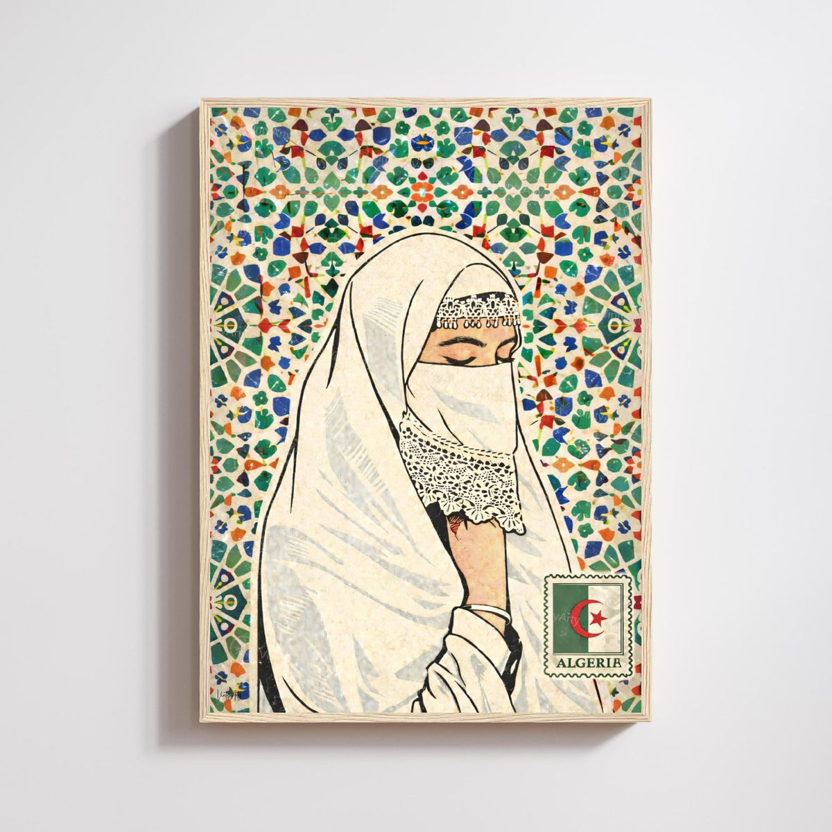 Affiche Femme Algérienne – Art Oriental & Zellige – Illustration Murale Algérie – Décoration Culturelle Maghreb – Poster Vintage