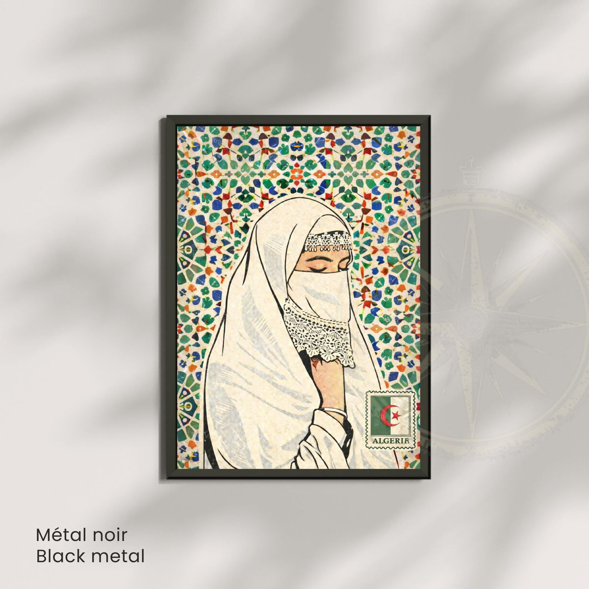 Affiche Femme Algérienne – Art Oriental & Zellige – Illustration Murale Algérie – Décoration Culturelle Maghreb – Poster Vintage
