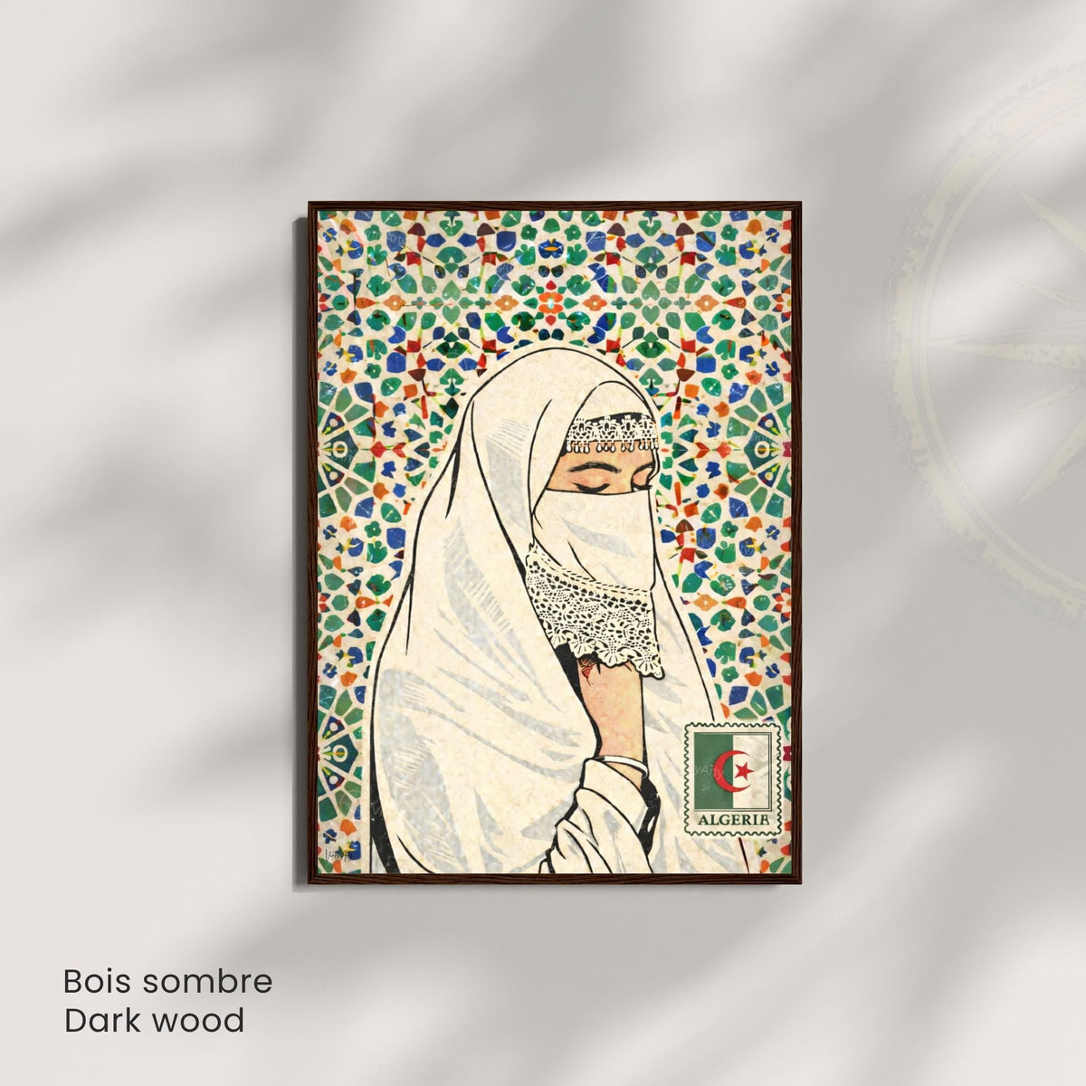 Affiche Femme Algérienne – Art Oriental & Zellige – Illustration Murale Algérie – Décoration Culturelle Maghreb – Poster Vintage