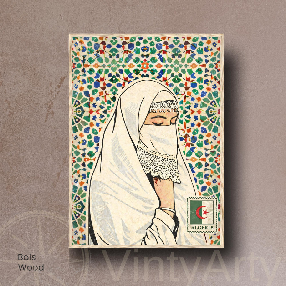 Affiche Femme Algérienne – Art Oriental & Zellige – Illustration Murale Algérie – Décoration Culturelle Maghreb – Poster Vintage